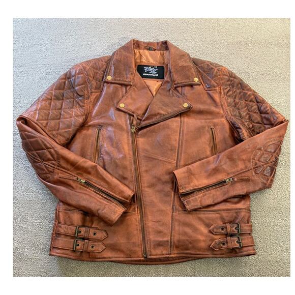 FZ Merchandise Men's Brown Leather Motorcycle Jacket Quilted Shoulders - Picture 12 of 16